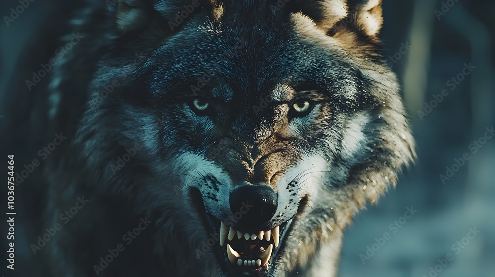 Fierce Wolf Pack Leader Stares Intensely with Bared Teeth Amidst Rushing Wind Fierce Wolf Pack Leader Stares Intensely with Bared Teeth Amidst Rushing Wind