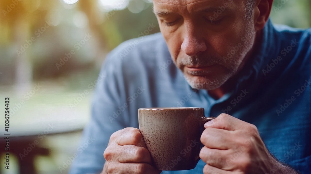 Middle-aged man with slight tremor holding cup of coffee on park bench, symbolizing struggle with Parkinson's disease, calm natural setting. Middle-aged man with slight tremor holding cup of coffee on park bench, symbolizing struggle with Parkinson's disease, calm natural setting.