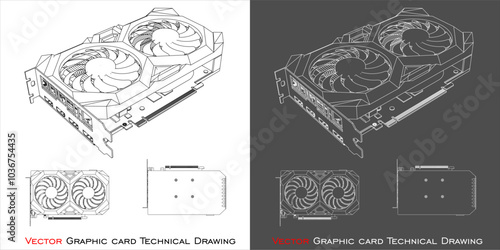 Vector GPU graphic card dual fan  line technical drawing blueprint isolated on transparent background
