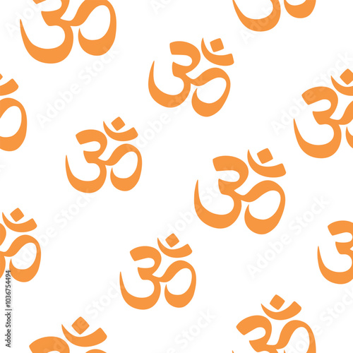 Om or Aum Indian sacred sound. The symbol of the divine triad of Brahma, Vishnu and Shiva. The sign of the ancient mantra. Seamless pattern.