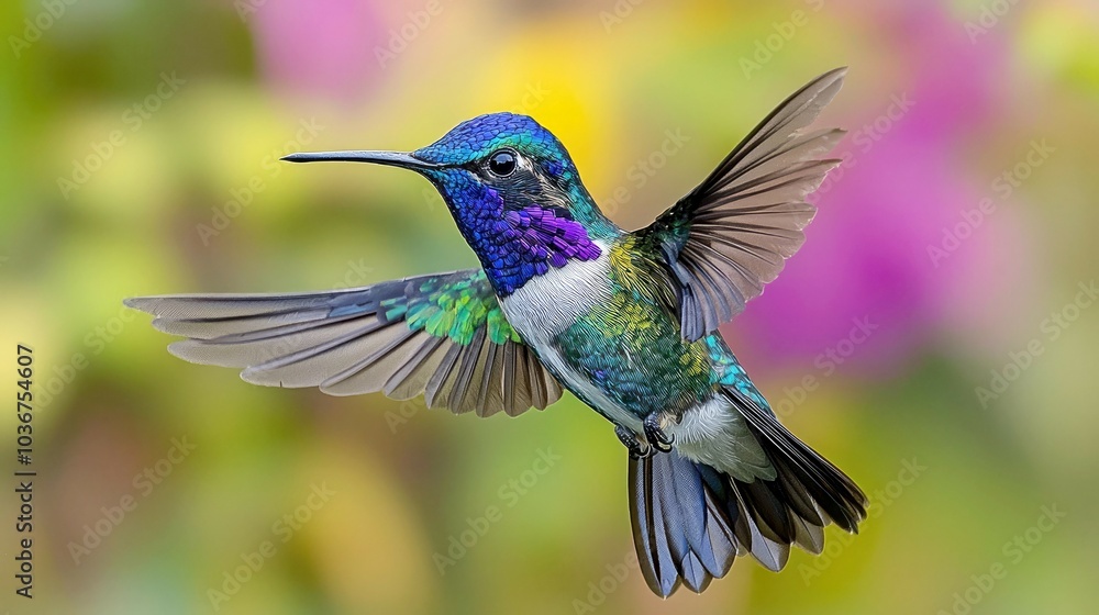 Fototapeta premium A vibrant hummingbird with iridescent blue, green, and white feathers hovers in mid-air with its wings spread wide against a blurred background of pink and yellow flowers.