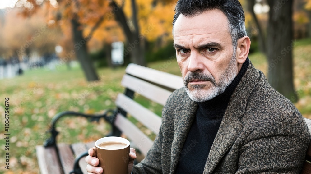 Middle-aged man with slight tremor holding cup of coffee on park bench, symbolizing struggle with Parkinson's disease, calm natural setting. Middle-aged man with slight tremor holding cup of coffee on park bench, symbolizing struggle with Parkinson's disease, calm natural setting.