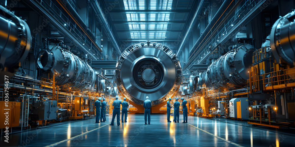 Futuristic Industrial Scene with Advanced Machinery and Work Team Overview Futuristic Industrial Scene with Advanced Machinery and Work Team Overview