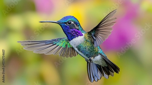 A vibrant hummingbird with iridescent blue, green, and white feathers hovers in mid-air with its wings spread wide against a blurred background of pink and yellow flowers.