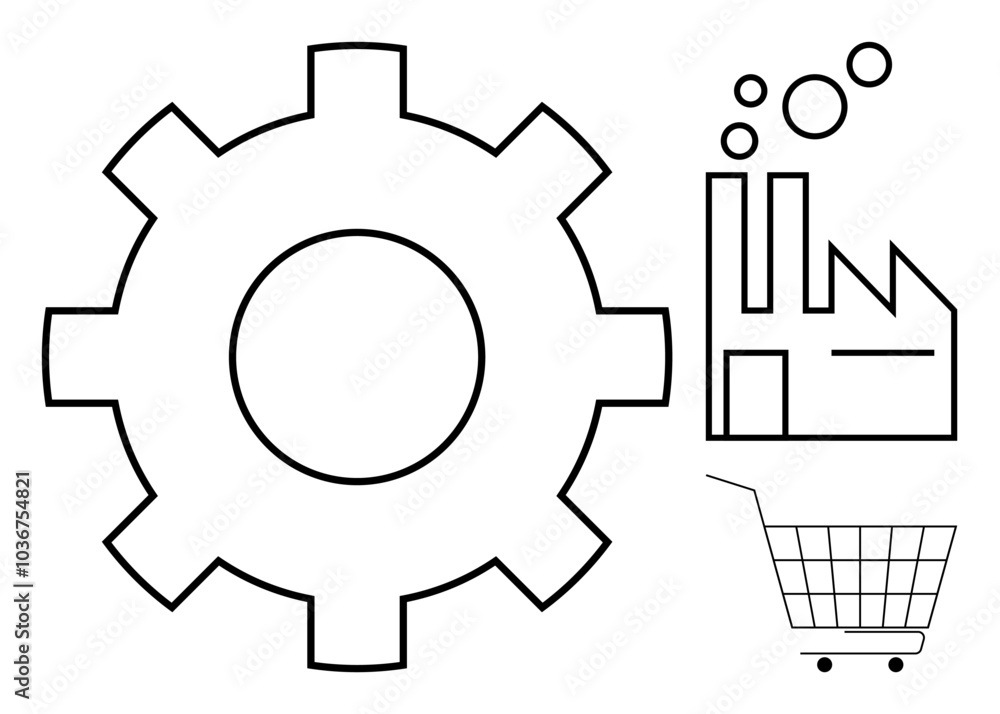 Large gear, factory outline with chimneys, and shopping cart outline. Ideal for themes of industry, manufacturing, production, commerce, technology. Simple, clean, modern line art style Large gear, factory outline with chimneys, and shopping cart outline. Ideal for themes of industry, manufacturing, production, commerce, technology. Simple, clean, modern line art style