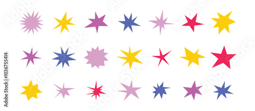 Sharp stars shapes set. Bright irregular sparks, colorful twinkles. Abstract edgy sparkle and stars elements pack. Asymmetry forms