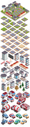 Set of elements for creating car racing. Isometric. Isolated on white background. Vector illustration.