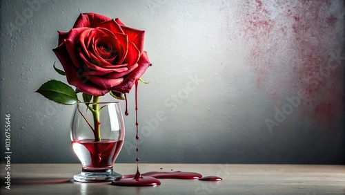 Blood dripping from a crimson rose in a vase, blood drop, dripping liquid, flower vase photo