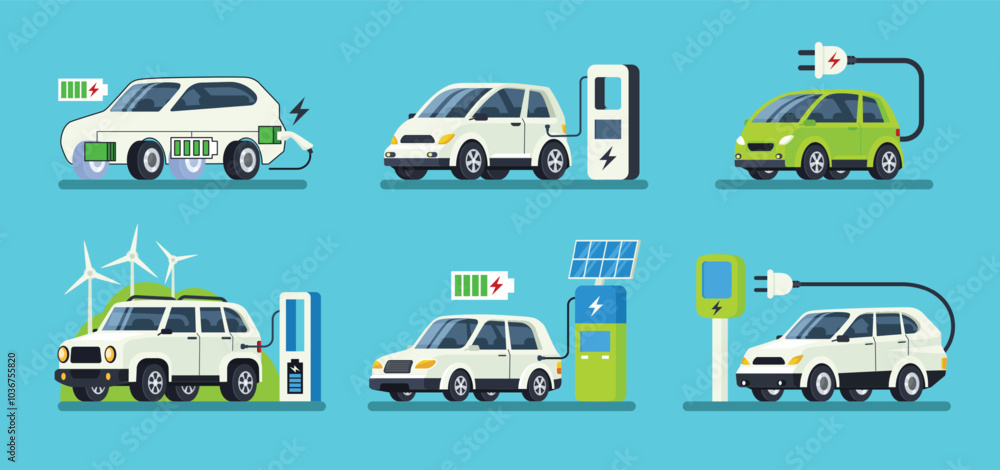 Electric car. EV and hybrid vehicles charging stations, sustainable charging with wind turbines and solar panels renewable green energy sources vector illustrations set. Electric car. EV and hybrid vehicles charging stations, sustainable charging with wind turbines and solar panels renewable green energy sources vector illustrations set.