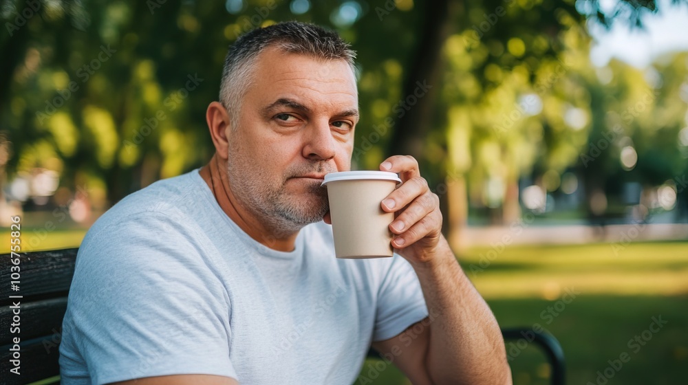 Middle-aged man with slight tremor holding cup of coffee on park bench, symbolizing struggle with Parkinson's disease, calm natural setting. Middle-aged man with slight tremor holding cup of coffee on park bench, symbolizing struggle with Parkinson's disease, calm natural setting.