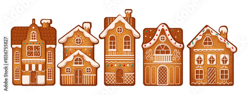 Festive gingerbread houses adorned with icing flat color vector objects set. Sweet treats honor of Christmas holidays illustrations on white