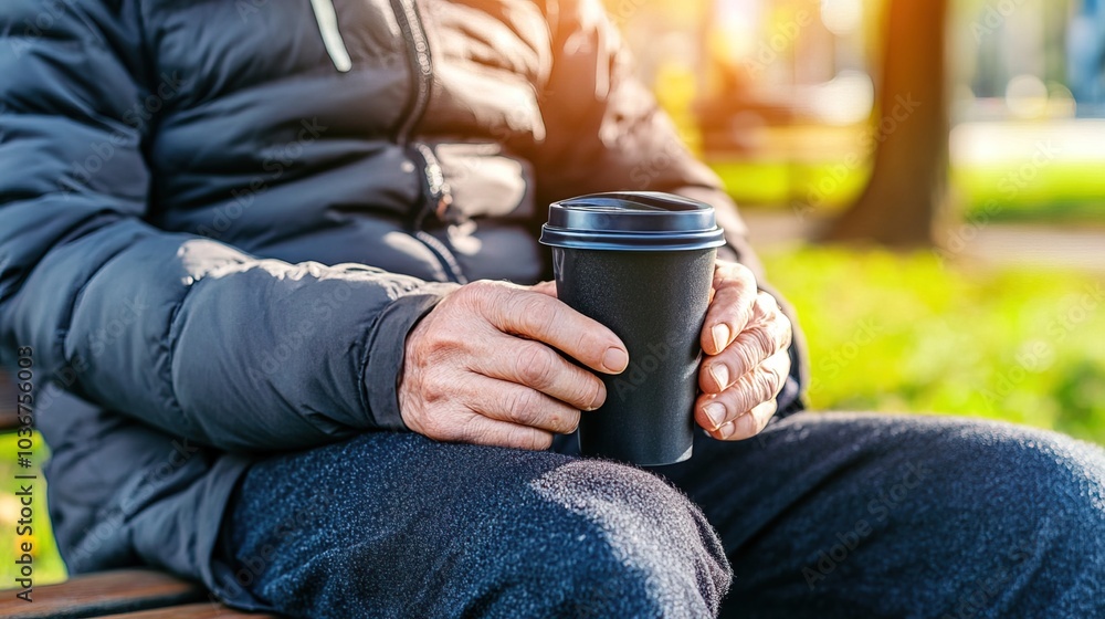 Middle-aged man with slight tremor holding cup of coffee on park bench, symbolizing struggle with Parkinson's disease, calm natural setting. Middle-aged man with slight tremor holding cup of coffee on park bench, symbolizing struggle with Parkinson's disease, calm natural setting.