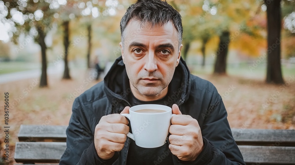 Middle-aged man with slight tremor holding cup of coffee on park bench, symbolizing struggle with Parkinson's disease, calm natural setting. Middle-aged man with slight tremor holding cup of coffee on park bench, symbolizing struggle with Parkinson's disease, calm natural setting.