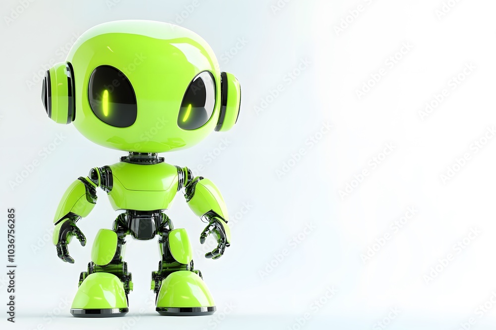 A Green Robot with Large Eyes and Headphones A Green Robot with Large Eyes and Headphones