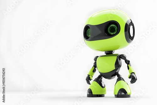 Green and Black Robot with Circular Eyes Standing on a White Surface