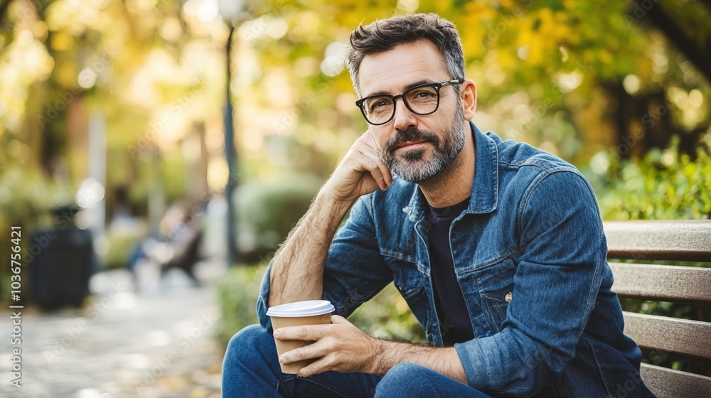 Middle-aged man with slight tremor holding cup of coffee on park bench, symbolizing struggle with Parkinson's disease, calm natural setting. Middle-aged man with slight tremor holding cup of coffee on park bench, symbolizing struggle with Parkinson's disease, calm natural setting.