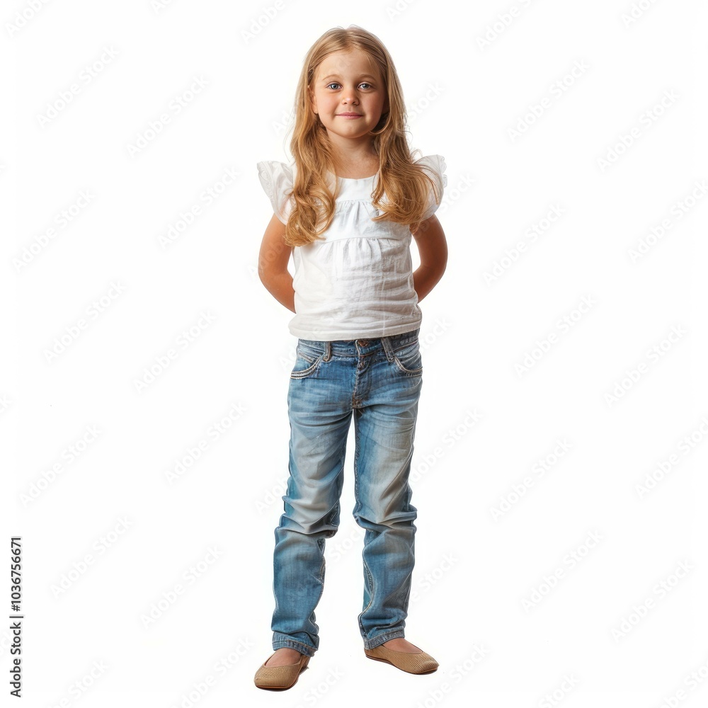 Young girl is standing with her hands behind her back, smiling cheerfully Young girl is standing with her hands behind her back, smiling cheerfully