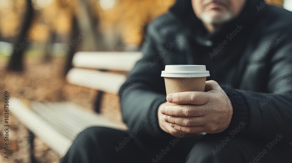 Middle-aged man with slight tremor holding cup of coffee on park bench, symbolizing struggle with Parkinson's disease, calm natural setting. Middle-aged man with slight tremor holding cup of coffee on park bench, symbolizing struggle with Parkinson's disease, calm natural setting.