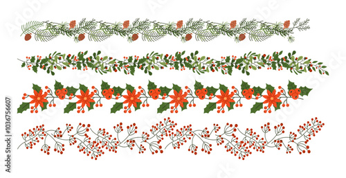 Festive Christmas garlands flat color vector objects set. Borders for invitations and greeting cards illustrations pack on white background