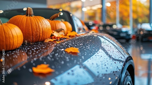 Pumpkins on the hood of a new car at a car showroom, Thanksgiving special offer at a car dealership photo