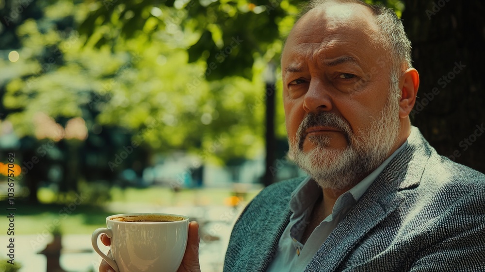 Middle-aged man with slight tremor holding cup of coffee on park bench, symbolizing struggle with Parkinson's disease, calm natural setting. Middle-aged man with slight tremor holding cup of coffee on park bench, symbolizing struggle with Parkinson's disease, calm natural setting.