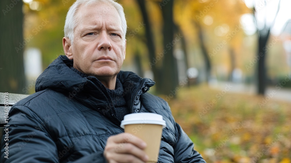 Middle-aged man with slight tremor holding cup of coffee on park bench, symbolizing struggle with Parkinson's disease, calm natural setting. Middle-aged man with slight tremor holding cup of coffee on park bench, symbolizing struggle with Parkinson's disease, calm natural setting.
