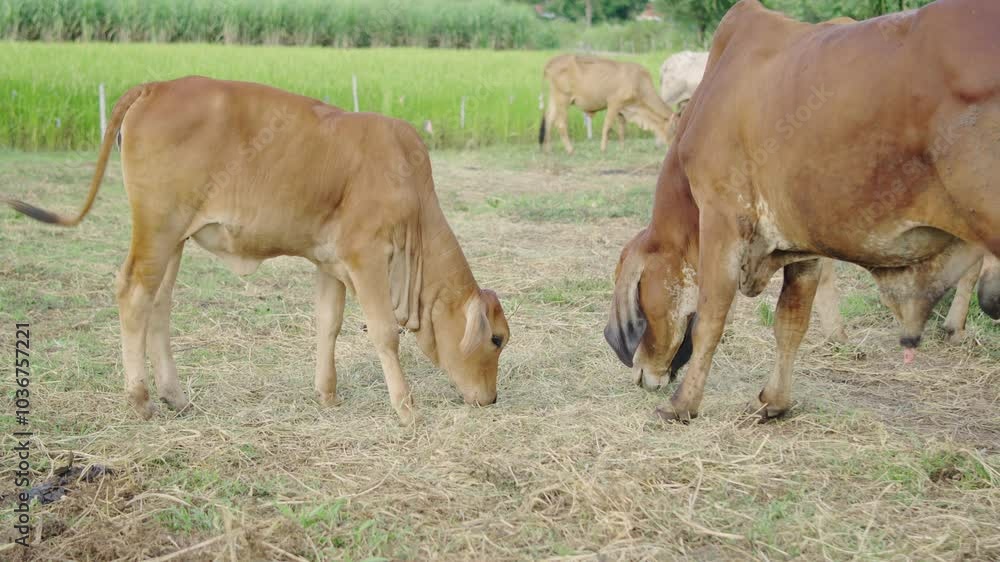 Native Thai cows in the countryside grassfield. Cows eat grass naturally. Livestock concept. Native Thai cows in the countryside grassfield. Cows eat grass naturally. Livestock concept.