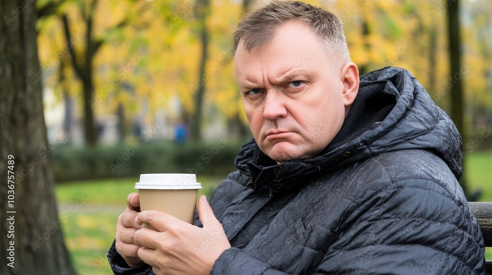 Middle-aged man with slight tremor holding cup of coffee on park bench, symbolizing struggle with Parkinson's disease, calm natural setting. Middle-aged man with slight tremor holding cup of coffee on park bench, symbolizing struggle with Parkinson's disease, calm natural setting.