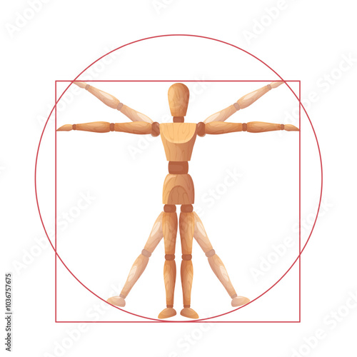 Vitruvian man mannequin. Wooden dummy sculpture in iconic Leonardo da Vinci art pose, human anatomy and body proportion model. Joint figure puppet vector illustration.