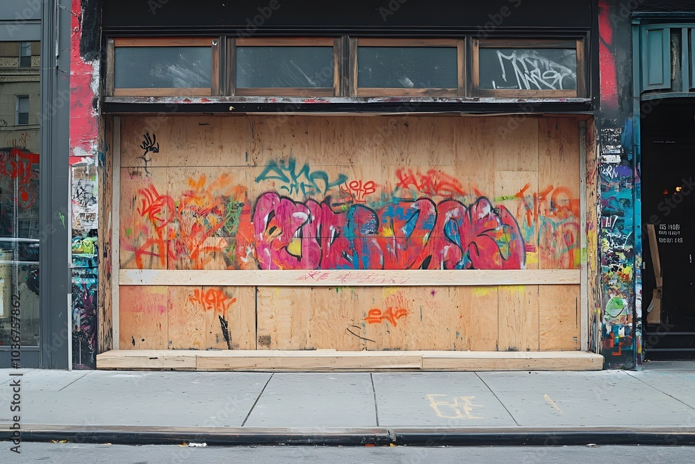 Fototapeta premium A boarded-up storefront with colorful graffiti art