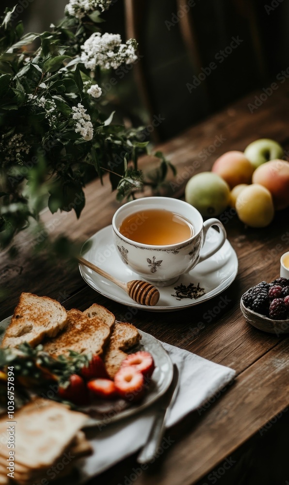 Fototapeta premium A rustic table setting with tea, toast, fruit, and berries.