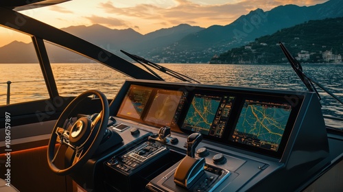 Luxury Yacht Cockpit with Breathtaking Sunset View