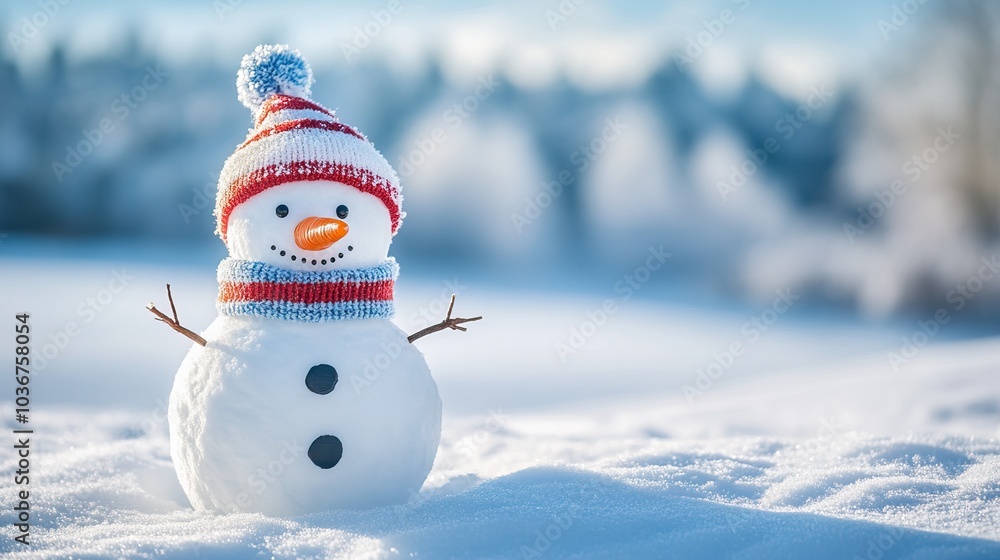 Fototapeta premium A cute snowman with hat and scarf standing outdoors on a snowy day