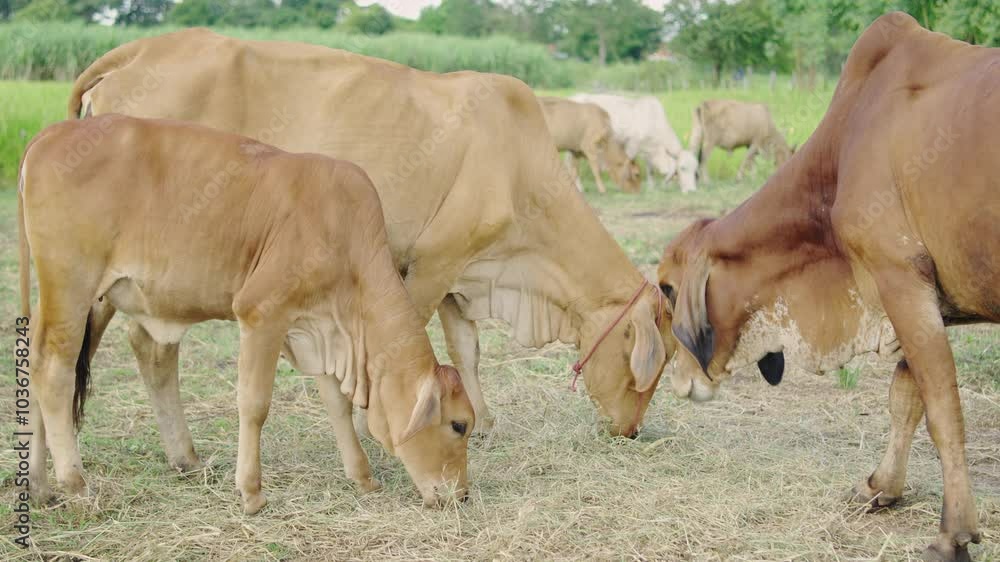 Native Thai cows in the countryside grassfield. Cows eat grass naturally. Livestock concept. Native Thai cows in the countryside grassfield. Cows eat grass naturally. Livestock concept.
