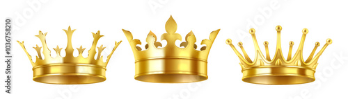 Majestic golden crowns realistic vector illustration set. Collection of jewelry decorations for royal family 3d object on white background