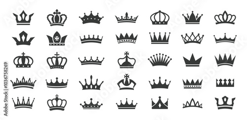 Royal crowns silhouette icons. Queen tiara and King crown, majestic corona authority and premium pictograms. Royalty and luxury stencil vector symbols set.