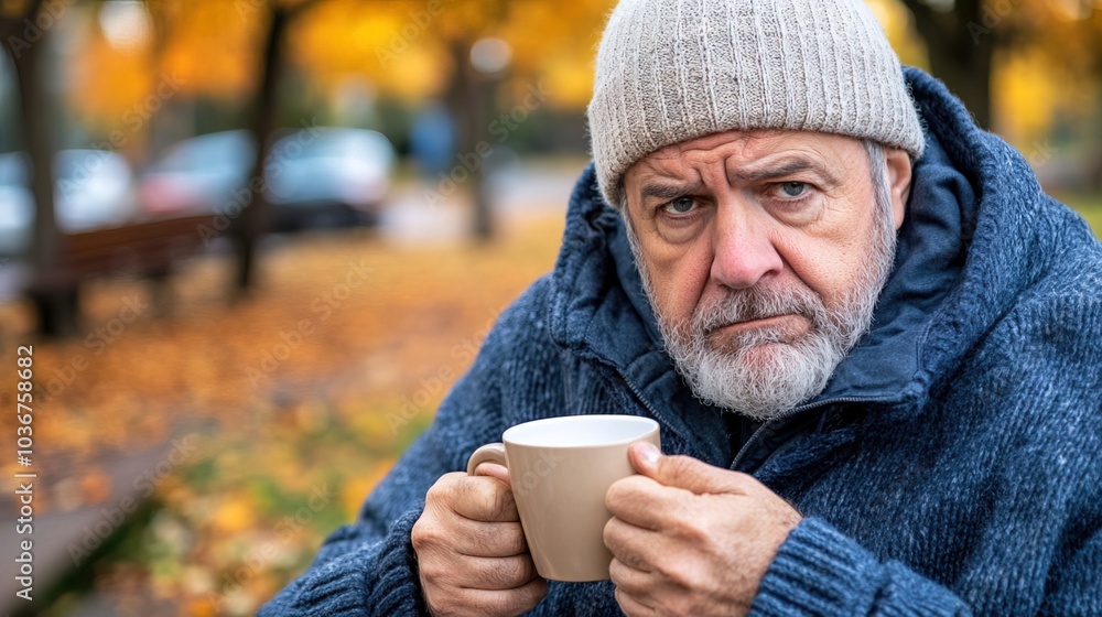 Middle-aged man with slight tremor holding cup of coffee on park bench, symbolizing struggle with Parkinson's disease, calm natural setting. Middle-aged man with slight tremor holding cup of coffee on park bench, symbolizing struggle with Parkinson's disease, calm natural setting.