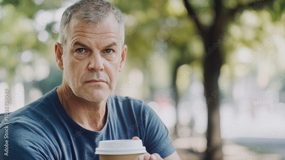 Middle-aged man with slight tremor holding cup of coffee on park bench, symbolizing struggle with Parkinson's disease, calm natural setting. Middle-aged man with slight tremor holding cup of coffee on park bench, symbolizing struggle with Parkinson's disease, calm natural setting.
