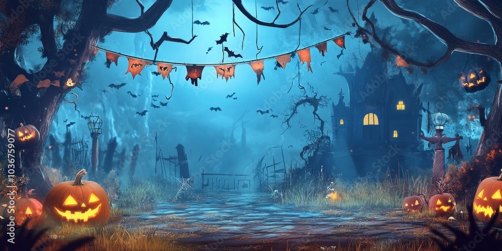 Fototapeta premium A fun Halloween party invitation with banners. Perfect for a poster or greeting card