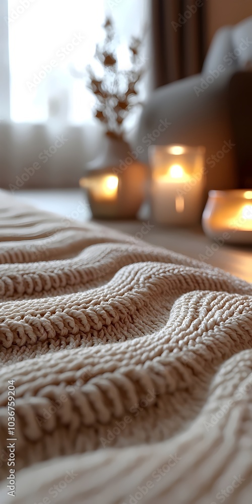 A warm, inviting scene featuring a textured beige blanket draped casually, with lit candles and a decorative vase in soft focus creating a cozy atmosphere. A warm, inviting scene featuring a textured beige blanket draped casually, with lit candles and a decorative vase in soft focus creating a cozy atmosphere.