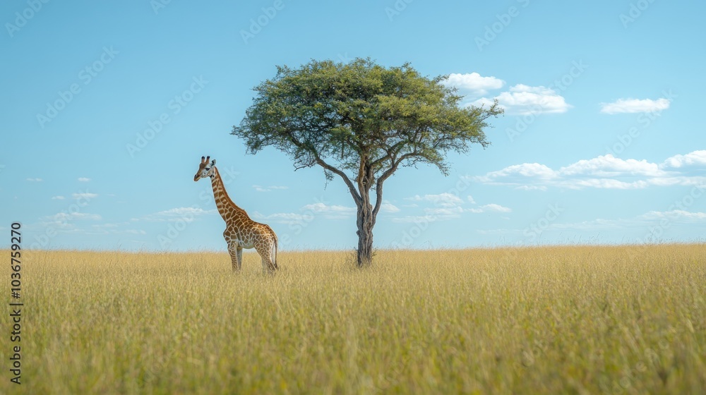 A lone giraffe stands in a grassy savanna with a single acacia tree in the background under a clear blue sky.