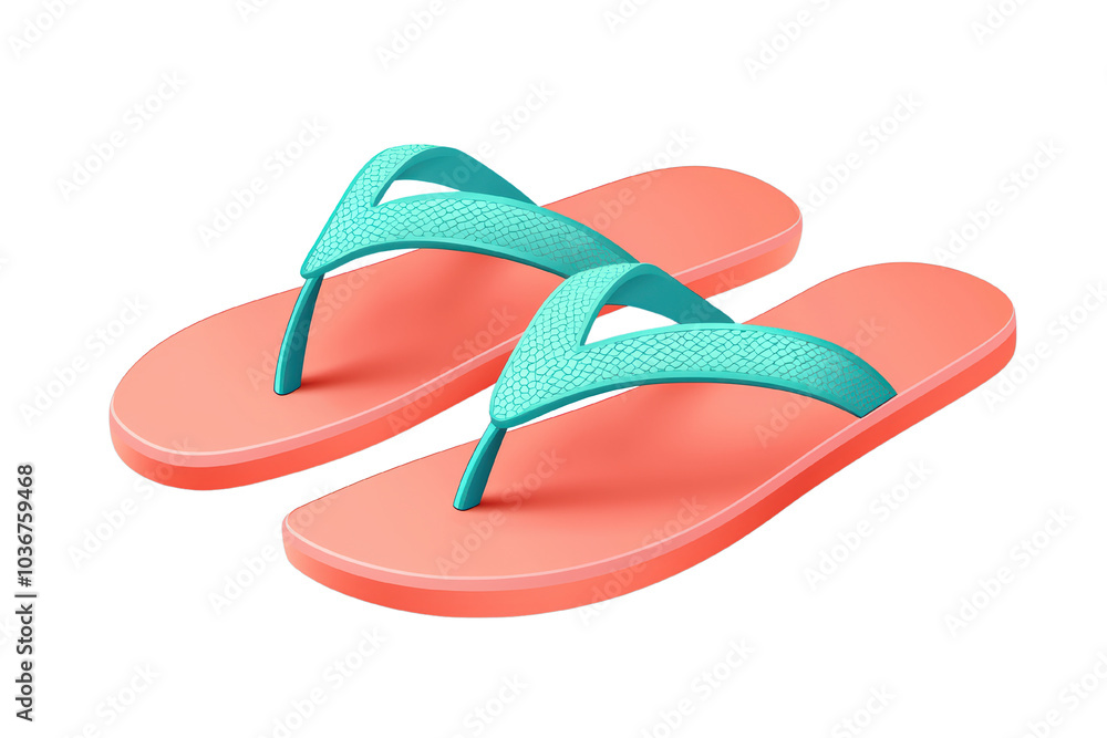 Colorful flip flops with turquoise straps on a vibrant coral base, ideal for summer. White isolated background. isolated on transparent background. Colorful flip flops with turquoise straps on a vibrant coral base, ideal for summer. White isolated background. isolated on transparent background.