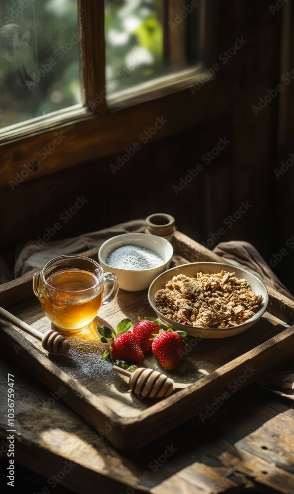 Honey, granola, strawberries, wooden tray, sunlight. Honey, granola, strawberries, wooden tray, sunlight.