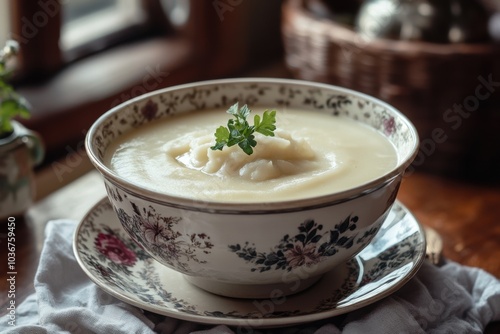 comforting food scene, rich soup in an old dish on a warm table, making a cozy and welcoming vibe in the kitchen photo