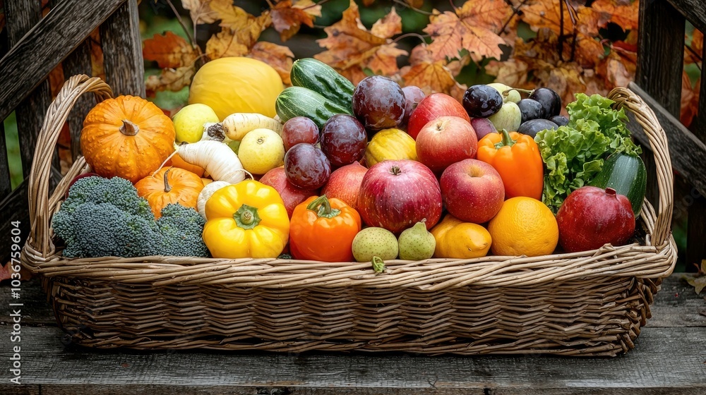 A wicker basket overflowing with a variety of fresh autumn produce, including apples, pears, pumpkins, peppers, and broccoli. A wicker basket overflowing with a variety of fresh autumn produce, including apples, pears, pumpkins, peppers, and broccoli.