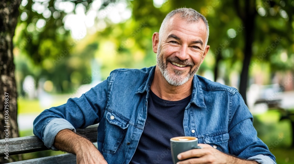 Obraz premium Middle-aged man with slight tremor holding cup of coffee on park bench, symbolizing struggle with Parkinson's disease, calm natural setting.