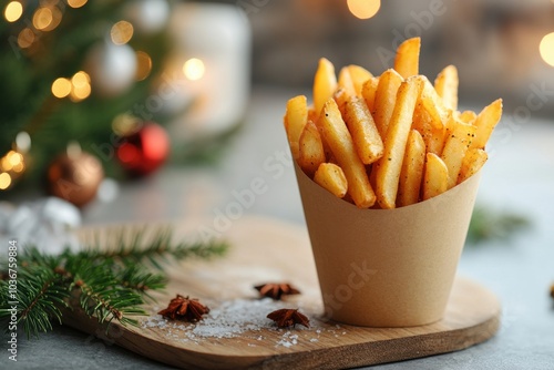 holiday appetizer display, gourmet french fries presented in a paper cone on a wooden board, in a festive kitchen backdrop with room for text photo