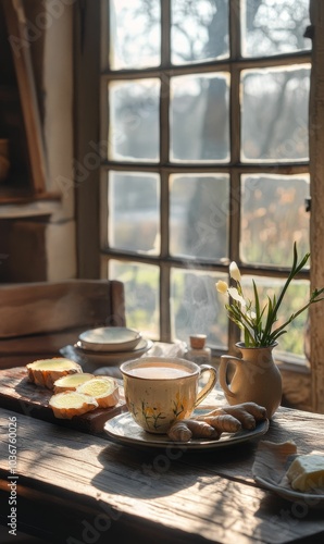 Steaming tea, bread, ginger, flowers, sunlight on wood table.