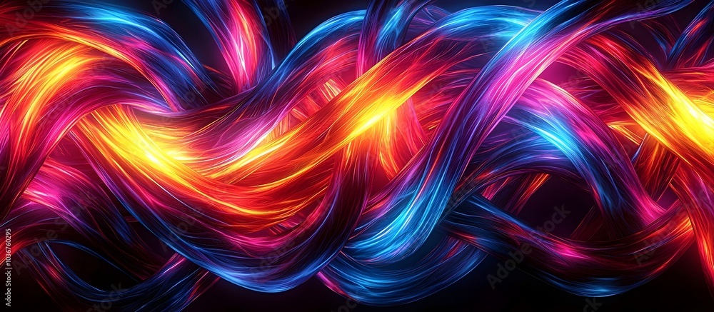 Fototapeta premium A vibrant, abstract composition featuring intertwined strands of colorful light in blue, pink, and yellow, creating a dynamic and energetic visual effect.