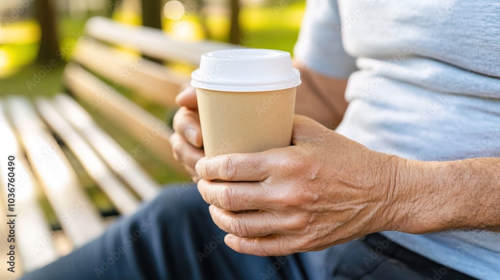 Middle-aged man with slight tremor holding cup of coffee on park bench, symbolizing struggle with Parkinson's disease, calm natural setting. Middle-aged man with slight tremor holding cup of coffee on park bench, symbolizing struggle with Parkinson's disease, calm natural setting.